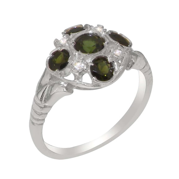 LBG British Made Classic Solid 925 Sterling Silver Natural Green Tourmaline & Cubic Zirconia Womens Anniversary Ring - 33 size options - Size 5.25