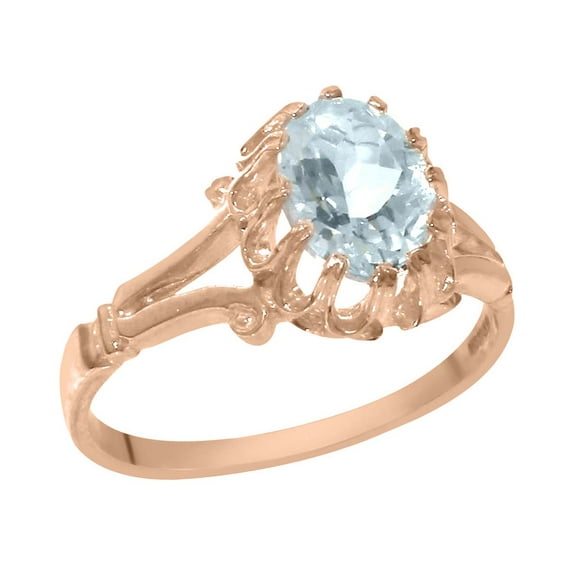 LBG British Made Classic Solid 9k Rose Gold Natural Aquamarine Womens Solitaire Ring - 33 size options - Size 5.25