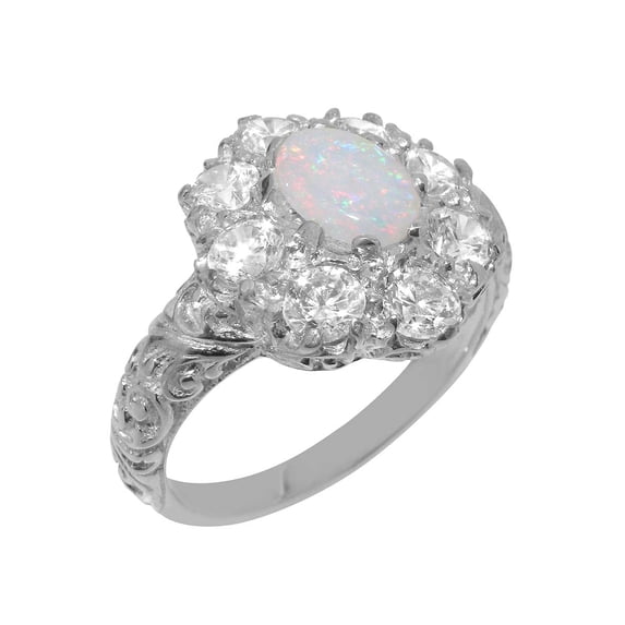 LBG British Made Classic Solid 9k White Gold Natural Opal & Cubic Zirconia Womens Anniversary Ring - 33 size options - Size 5.25