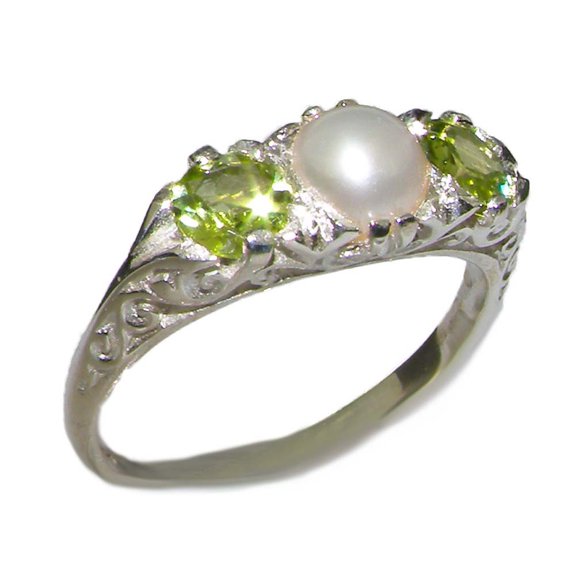 LBG British Made Luxury 925 Solid Sterling Silver Natural Peridot and Cultured Pearl Trilogy Ring