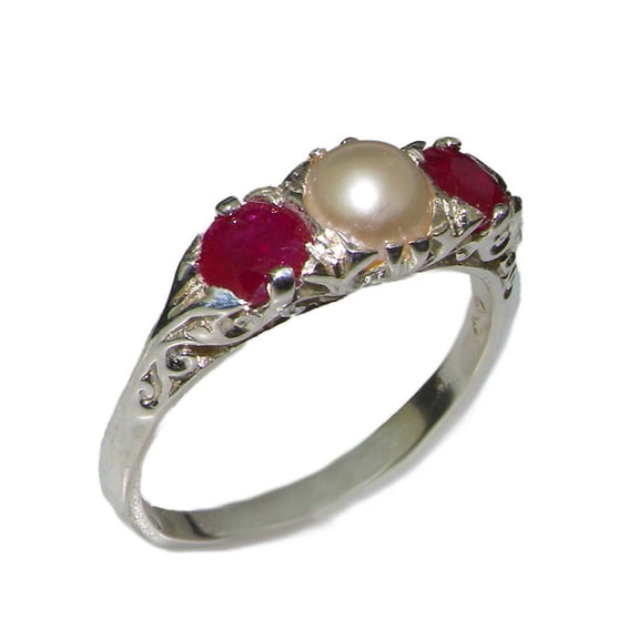 LBG British Made Luxury 925 Solid Sterling Silver Natural Ruby and Cultured Pearl Trilogy Ring