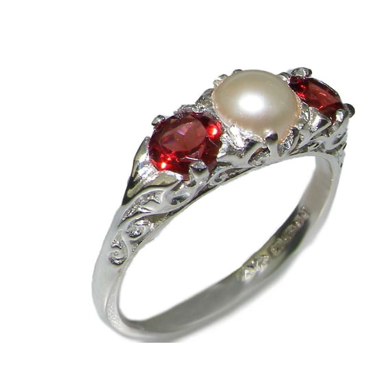 LBG British Made Luxury Solid 10K White Gold Natural Garnet and Cultured Pearl Trilogy Ring