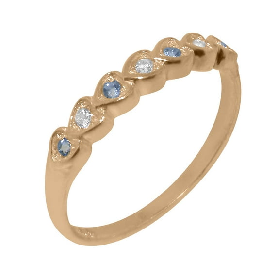 LBG British Made Real Solid 10k Rose Gold Cubic Zirconia & Natural Aquamarine Womens Eternity Ring - 33 size options - Size 6.25