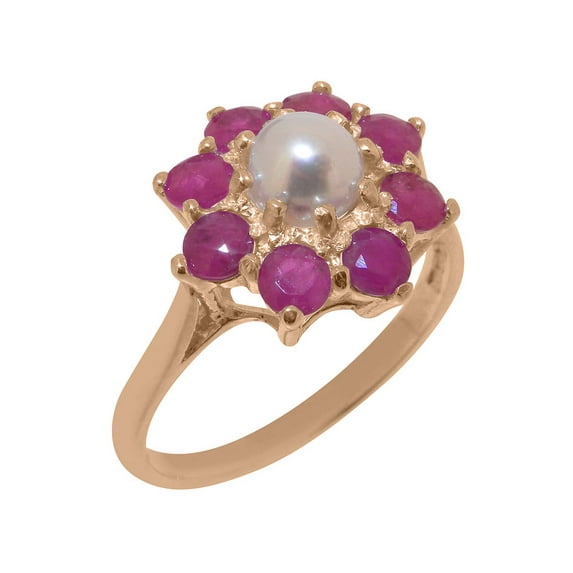 LBG British Made Real Solid 10k Rose Gold Cultured Pearl & Ruby Womens Engagement Ring - 33 size options - Size 6.25