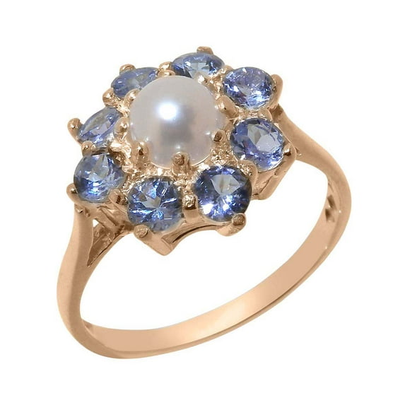 LBG British Made Real Solid 10k Rose Gold Cultured Pearl & Tanzanite Womens Engagement Ring - 33 size options - Size 6.25
