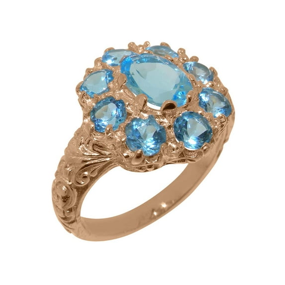 LBG British Made Real Solid 10k Rose Gold Natural Blue Topaz Womens Engagement Ring - 33 size options - Size 6.25