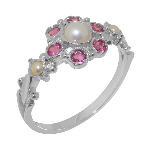 LBG British Made Real Solid 10k White Gold Cultured Pearl & Pink Tourmaline Womens Anniversary Ring - 33 size options - Size 6.25