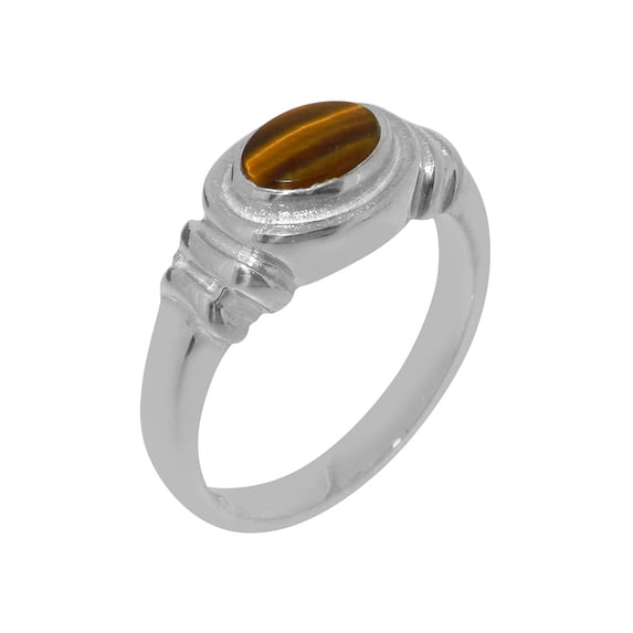 LBG British Made Real Solid 10k White Gold Natural Tigers Eye Unisex Promise Ring - 33 size options - Size 6.25
