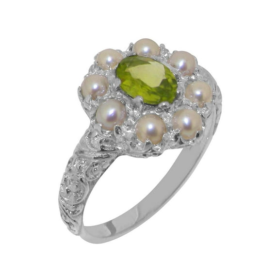 LBG British Made Real Solid 14k White Gold Natural Peridot & Cultured Pearl Womens Engagement Ring - 33 size options - Size 6.25