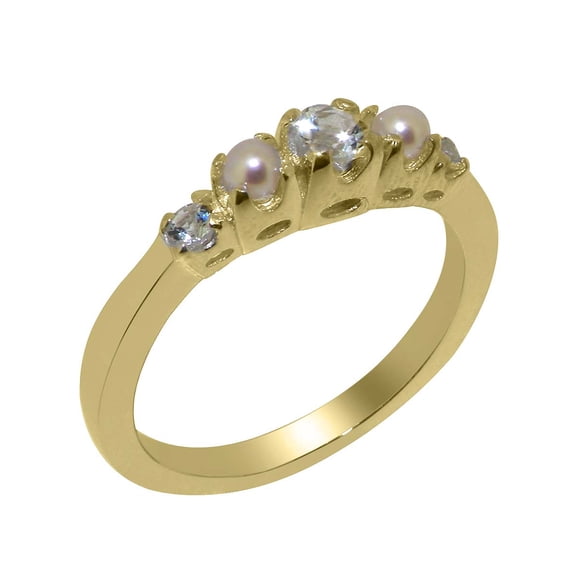 LBG British Made Real Solid 14k Yellow Gold Natural Aquamarine & Cultured Pearl Womens band Ring - 33 size options - Size 6.25
