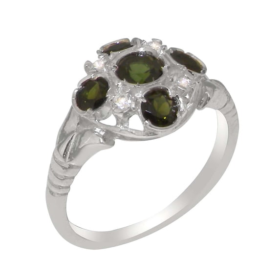 LBG British Made Real Solid 9k White Gold Natural Green Tourmaline & Diamond Womens Engagement Ring - 33 size options - Size 6.25