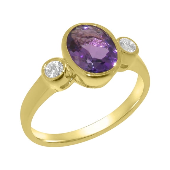 LBG British Made Real Solid 9k Yellow Gold Natural Amethyst & Cubic Zirconia Womens Anniversary Ring - 33 size options - Size 6.25