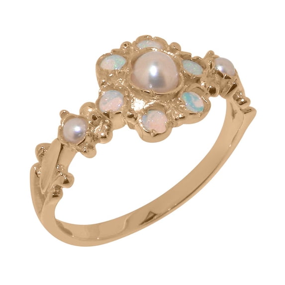 LBG British Made Solid 14k Rose Gold ring with Cultured Pearl & Opal Womens Engagement Ring - 33 size options - Size 9.75