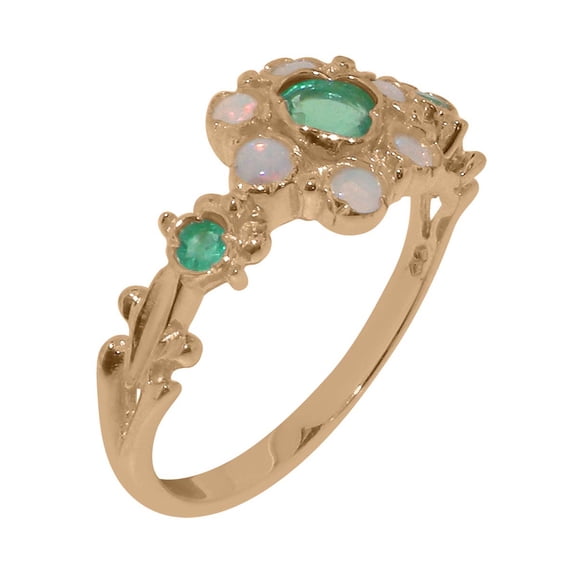 LBG British Made Solid 14k Rose Gold ring with Natural Emerald & Opal Womens Engagement Ring - 33 size options - Size 9.75