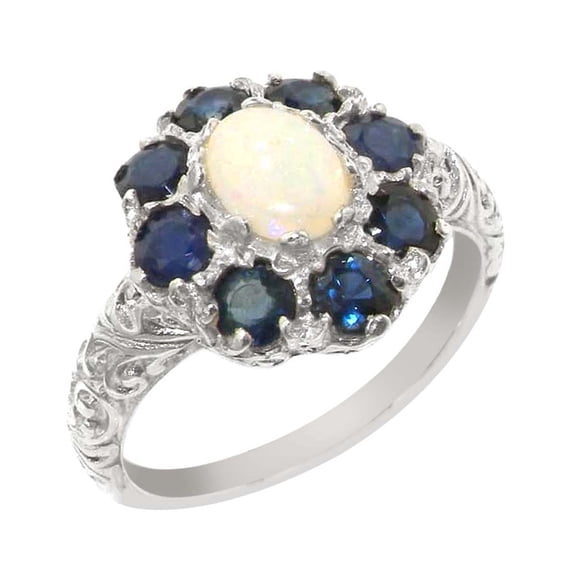 LBG British Made Solid 14k White Gold Natural Opal & Sapphire Womens Anniversary Ring - 33 size options - Size 12