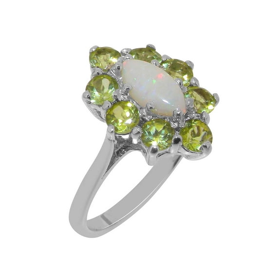 LBG British Made Solid 14k White Gold ring with Natural Opal & Peridot Womens Engagement Ring - 33 size options - Size 9.75