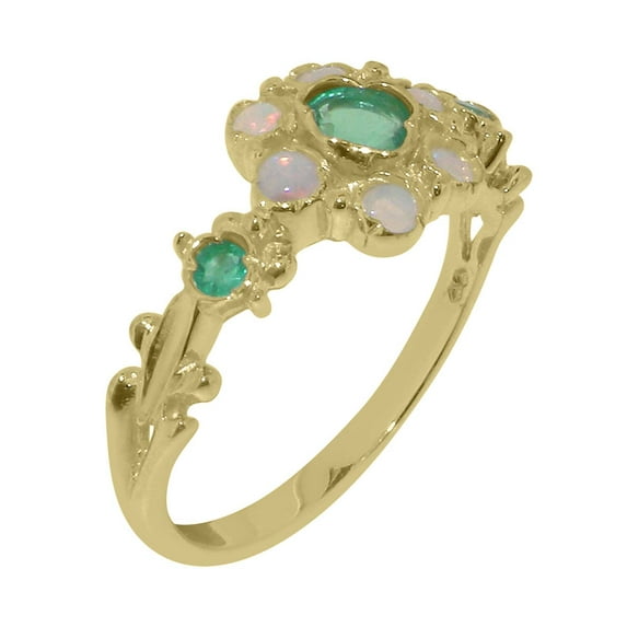 LBG British Made Solid 14k Yellow Gold ring with Natural Emerald & Opal Womens Engagement Ring - 33 size options - Size 9.75