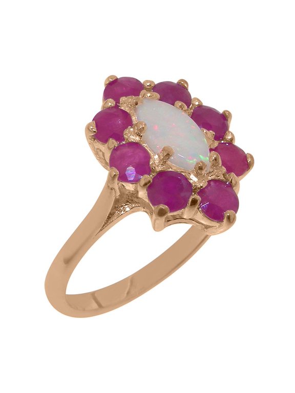 LBG British Made Solid 18k Rose Gold ring with Natural Opal & Ruby Womens Engagement Ring - 33 size options - Size 9.75