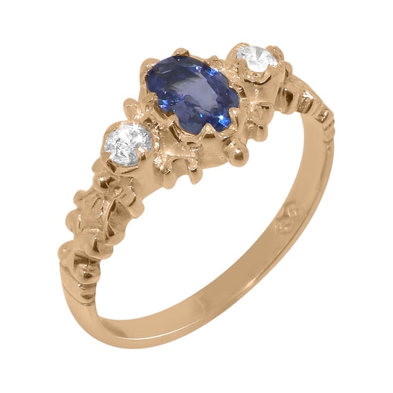 LBG British Made Solid 18k Rose Gold ring with Natural Sapphire & Cubic Zirconia Womens Engagement Ring - 33 size options - Size 9.75
