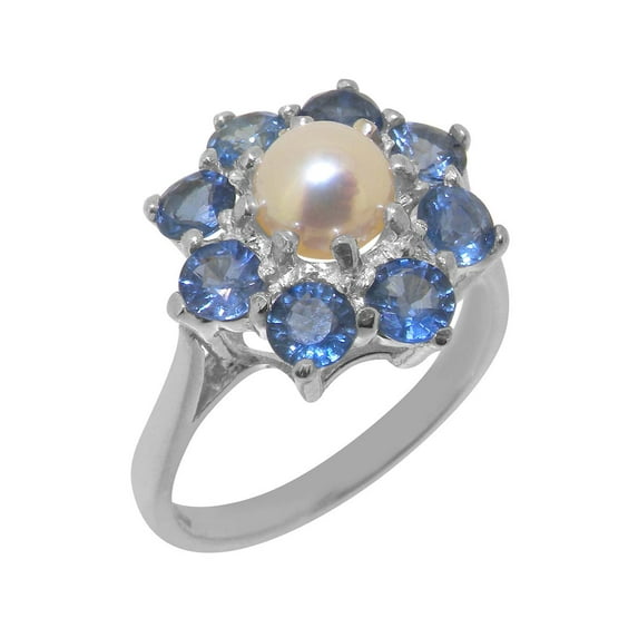 LBG British Made Solid 18k White Gold ring with Cultured Pearl & Sapphire Womens Engagement Ring - 33 size options - Size 9.75