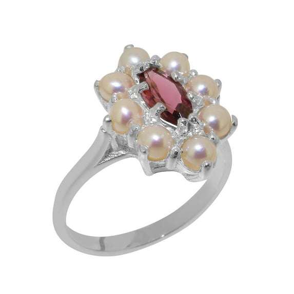 LBG British Made Solid 18k White Gold ring with Natural Pink Tourmaline & Cultured Pearl Womens Engagement Ring - 33 size options - Size 9.75