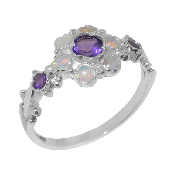 LBG British Made Solid 9k White Gold Natural Amethyst & Opal Womens Anniversary Ring - 33 size options - Size 10.25
