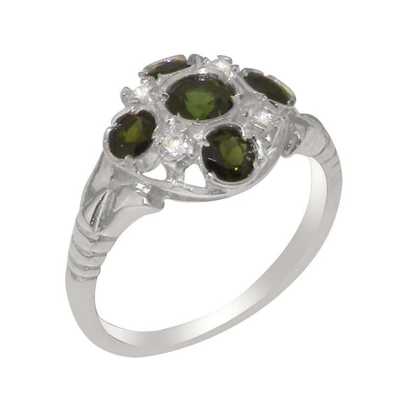 LBG British Made Solid 9k White Gold Natural Green Tourmaline & Diamond Womens Anniversary Ring - 33 size options - Size 12