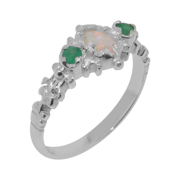 LBG British Made Solid 9k White Gold Natural Opal & Emerald Womens Anniversary Ring - 33 size options - Size 10.25