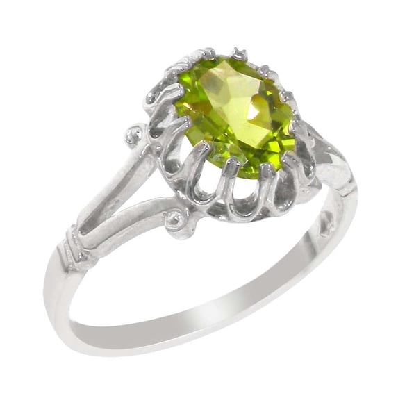 LBG British Made Solid 9k White Gold ring with Natural Peridot Womens Engagement Ring - 33 size options - Size 9.75