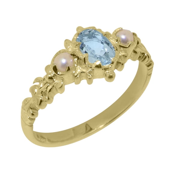 LBG British Made Solid 9k Yellow Gold ring with Natural Aquamarine & Cultured Pearl Womens Engagement Ring - 33 size options - Size 9.75
