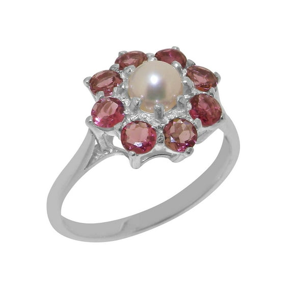 LBG British Made Spectacular 18k White Gold Cultured Pearl & Pink Tourmaline Womens Promise Ring - 33 size options - Size 10.5