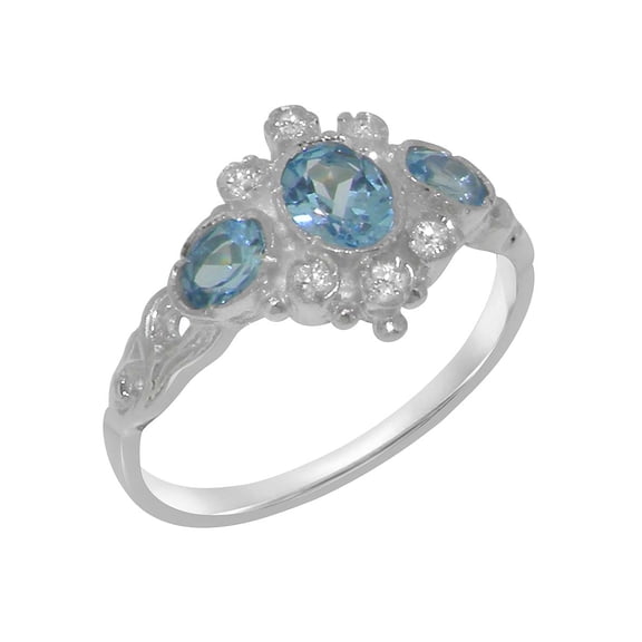 LBG English Made Sterling Solid Silver ring with Natural Blue Topaz & Cubic Zirconia Womens Engagement Ring - Size 11
