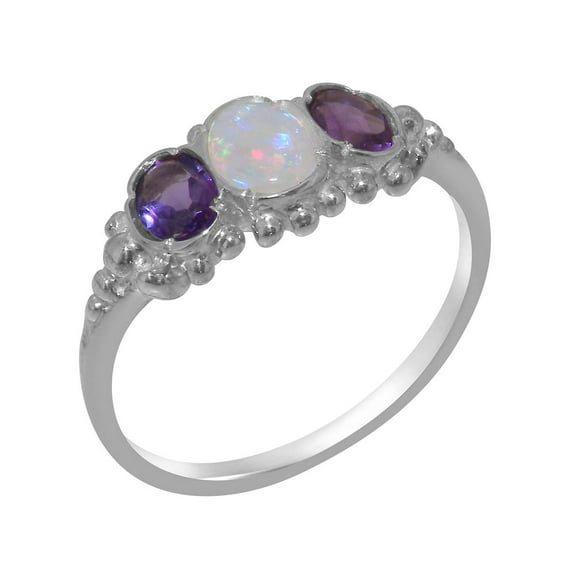 LBG British Made Sterling Solid Silver ring with Natural Opal & Amethyst Womens Engagement Ring - 33 size options - Size 11