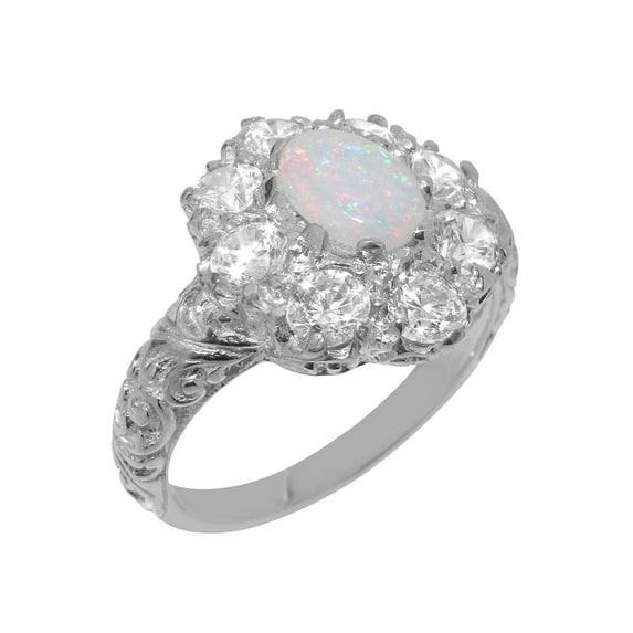 LBG British Made Sterling Solid Silver ring with Natural Opal & Cubic Zirconia Womens Statement Ring - 33 size options - Size 11
