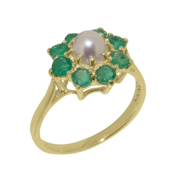 LBG British Made Stunning 10k Yellow Gold Cultured Pearl & Emerald Womens Anniversary Ring - 33 size options - Size 8.5