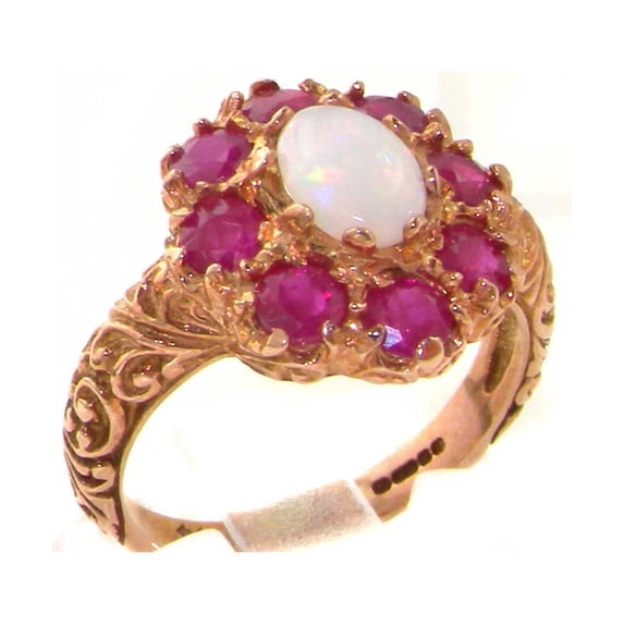 LBG British Made Stunning 14k Rose Gold Natural Opal & Ruby Womens Anniversary Ring - 33 size options - Size 8.5