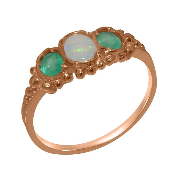 LBG British Made Stunning 18k Rose Gold Natural Opal & Emerald Womens Engagement Ring - 33 size options - Size 8.5