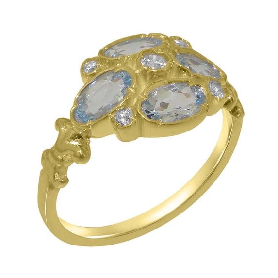 LBG British Made Traditional 10k Yellow Gold Ring with Synthetic Cubic Zirconia & Natural Aquamarine Womens Statement Ring - 33 size options - Size 4.25