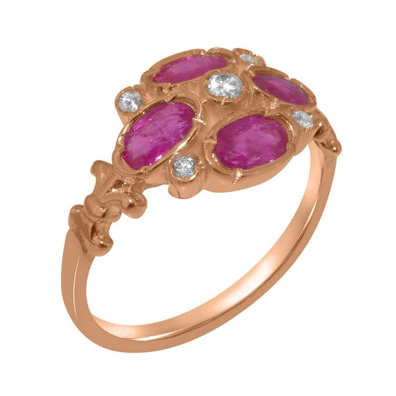 LBG British Made Traditional 14k Rose Gold Ring with Natural Diamond & Ruby Womens Statement Ring - 33 size options - Size 4.25