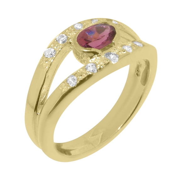 LBG British Made Traditional 14k Yellow Gold Ring with Natural Pink Tourmaline & Diamond Womens Promise Ring - 33 size options - Size 4.25