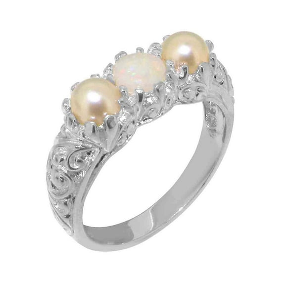 LBG British Made Traditional 18k White Gold Ring with Natural Opal & Cultured Pearl Womens Promise Ring - 33 size options - Size 4.25