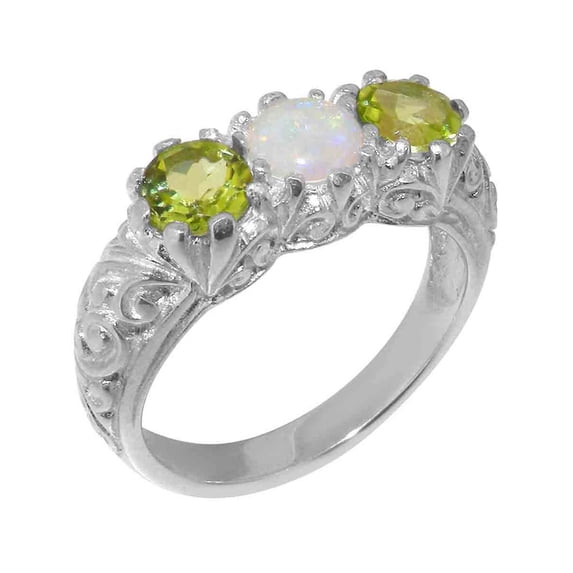 LBG British Made Traditional 18k White Gold Ring with Natural Opal & Peridot Womens Promise Ring - 33 size options - Size 4.25