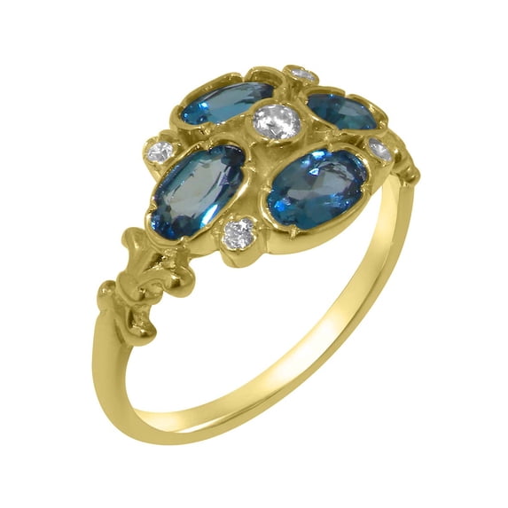 LBG British Made Traditional 18k Yellow Gold Ring with Synthetic Cubic Zirconia & Natural London Blue Topaz Womens Statement Ring - 33 size options - Size 4.25