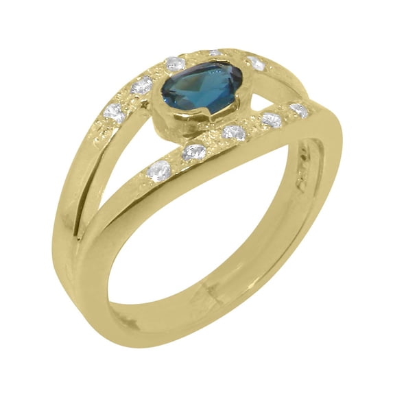 LBG British Made Traditional 18k Yellow Gold Ring with Natural London Blue Topaz & Diamond Womens Promise Ring - 33 size options - Size 4.25