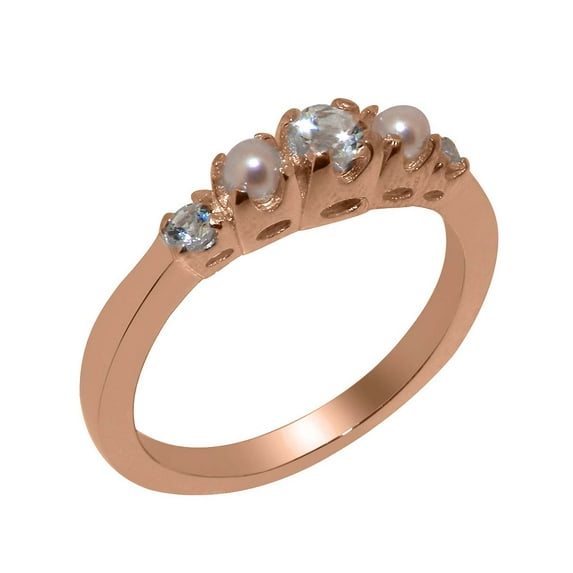 LBG British Made Traditional Solid 10k Rose Gold Ring with Natural Aquamarine & Cultured Pearl Womens Promise Ring - 33 size options - Size 4.25