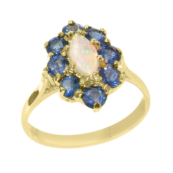 LBG British Made Traditional Solid 10k Yellow Gold Ring with Natural Opal & Sapphire Womens Statement Ring - 33 size options - Size 4.25