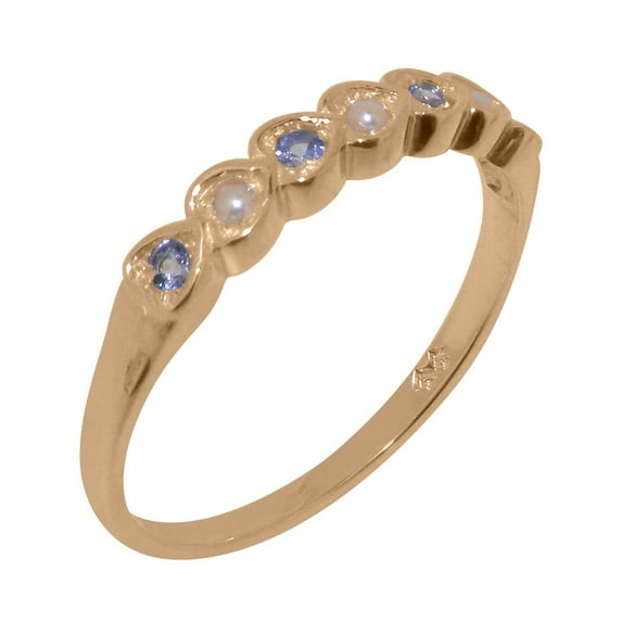 LBG British Made Traditional Solid 14k Rose Gold Ring with Cultured Pearl & Tanzanite Womens Eternity Ring - 33 size options - Size 4.25