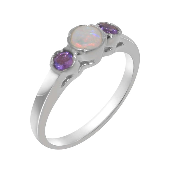 LBG British Made Traditional Solid 14k White Gold Ring with Natural Opal & Amethyst Womens Promise Ring - 33 size options - Size 4.25