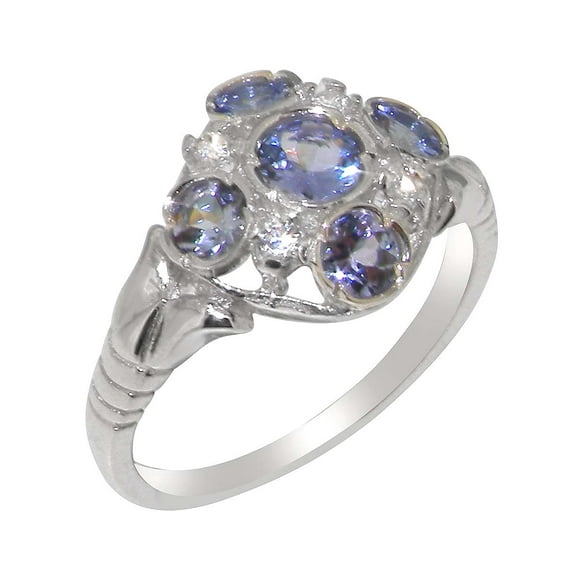 LBG British Made Traditional Solid 14k White Gold Ring with Natural Tanzanite & Diamond Womens Statement Ring - 33 size options - Size 4.25
