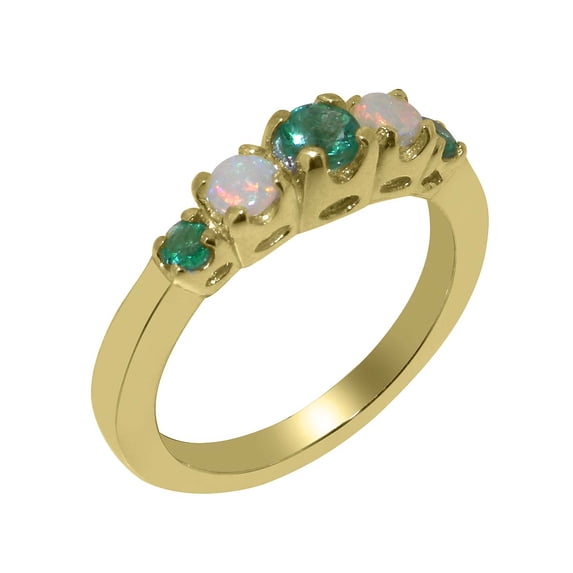 LBG British Made Traditional Solid 18k Yellow Gold Ring with Natural Emerald & Opal Womens Promise Ring - 33 size options - Size 4.25